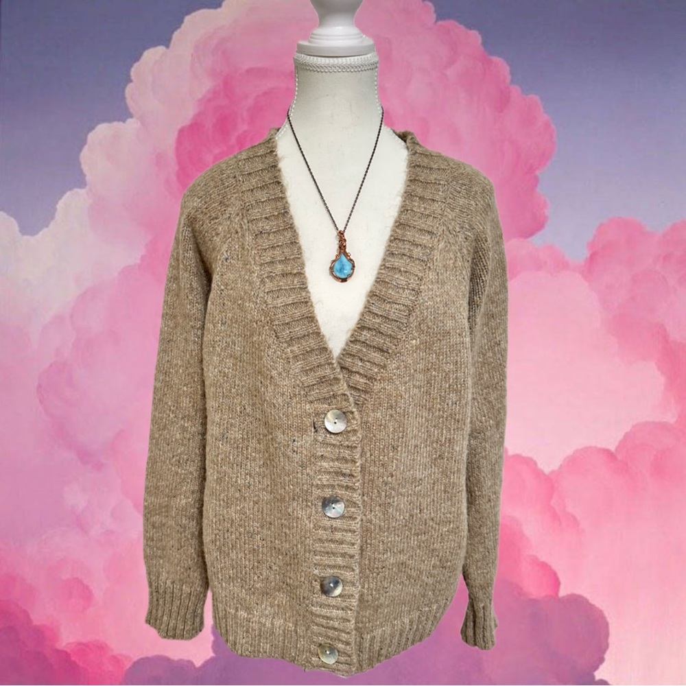 Vintage styled cream beige cardigan with iridescent alabaster buttons